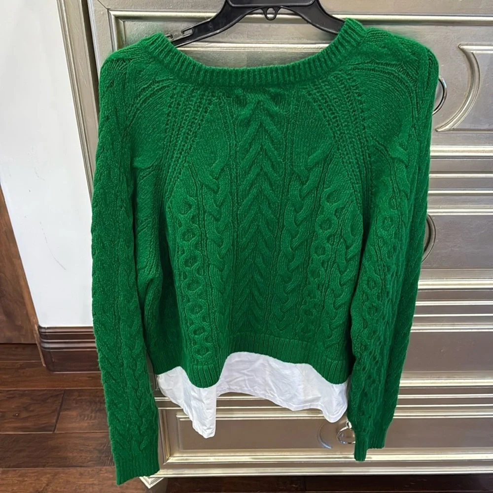 Anthropologie Green Cable Knit Crewneck Sweater with White Hem - Picture 2 of 2